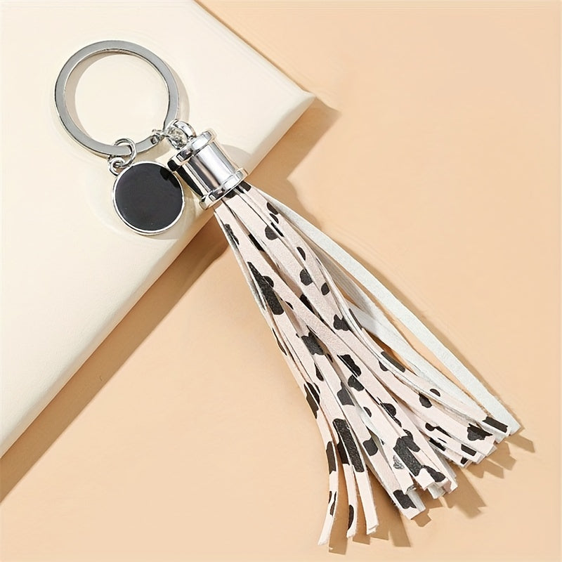 Cow Pattern Tassel Keychain PU Round Pendant Luggage Backpack Key Ring