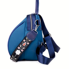 Floral Embroidery Zipper Backpack with Letter Tape Strap