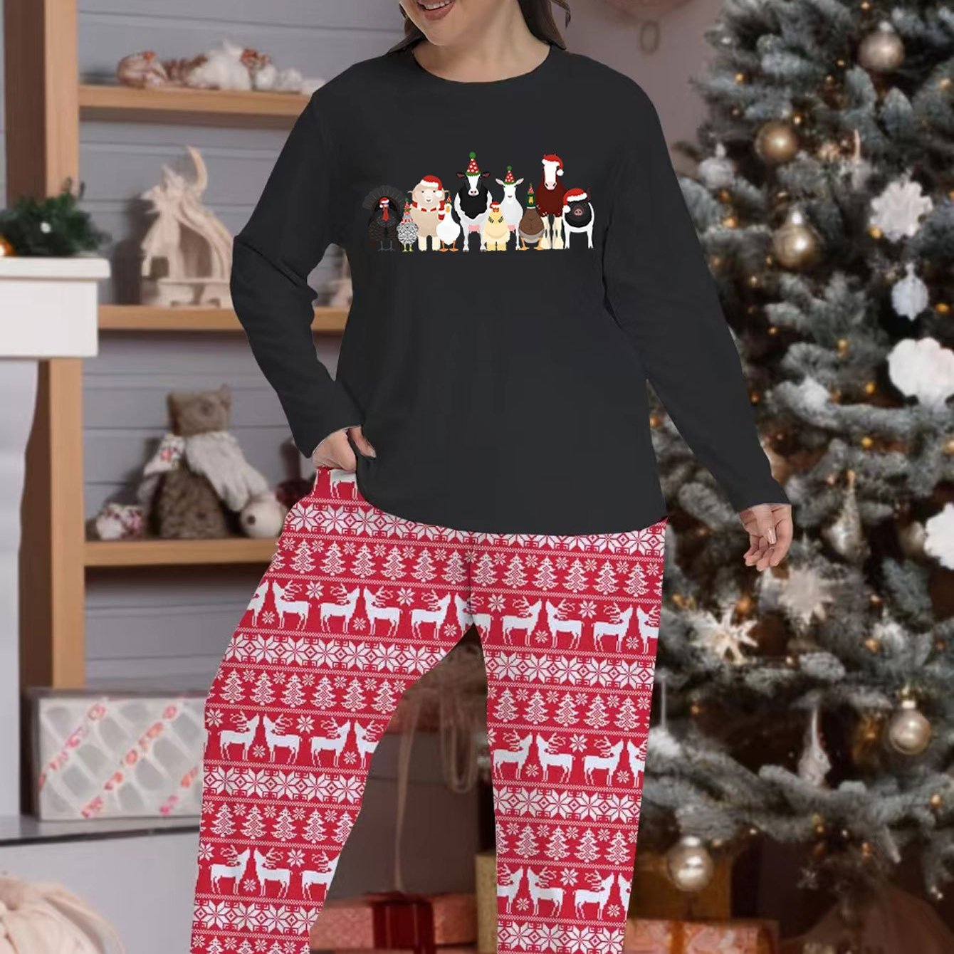  Christmas Pajamas Set Women's Animal Print Top & Striped Pants
