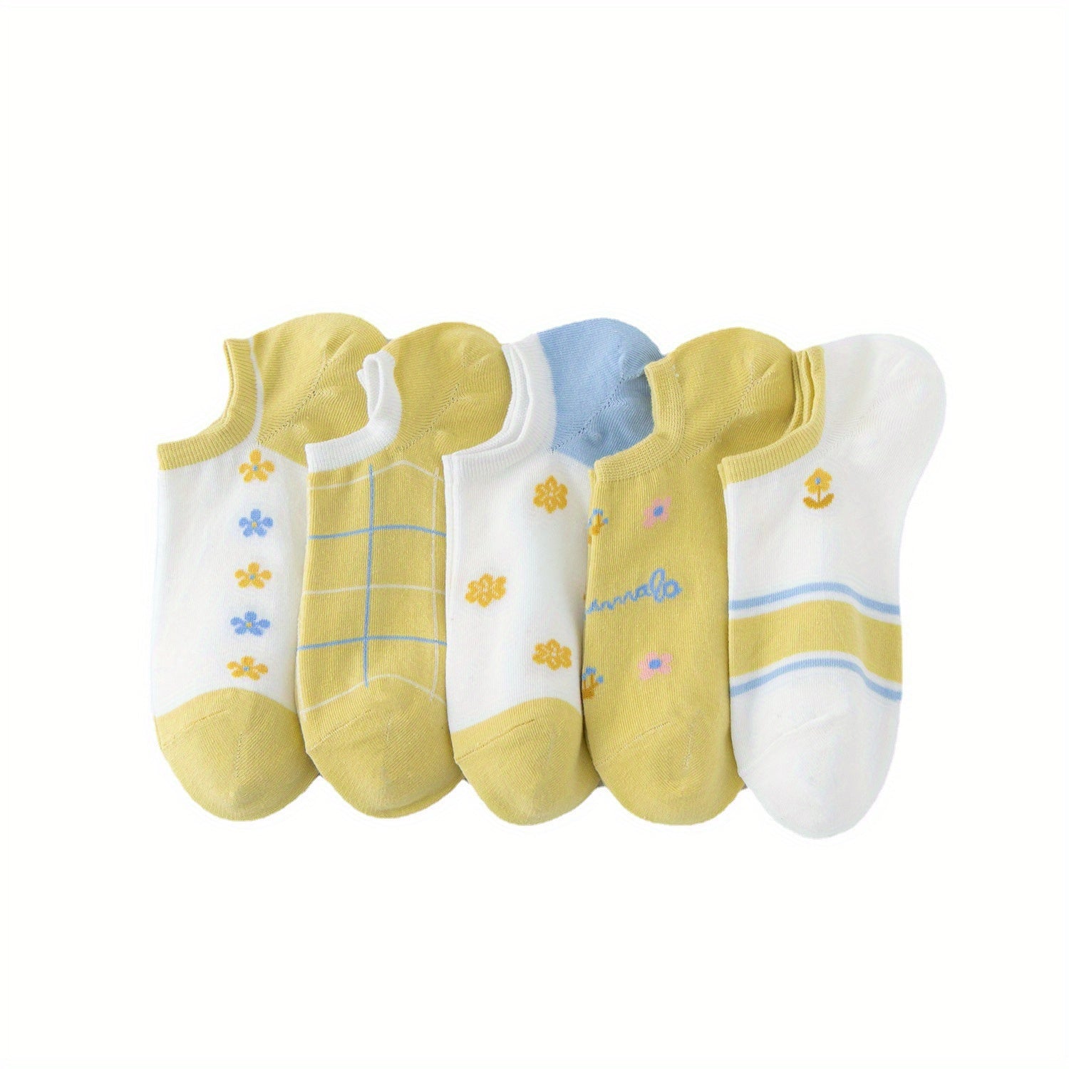 5 Pairs Floral Print Ankle Socks Soft & Lightweight Women's Stockings