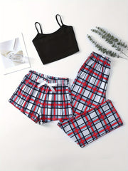 Plaid Pajama Set Cami Top Shorts Pants