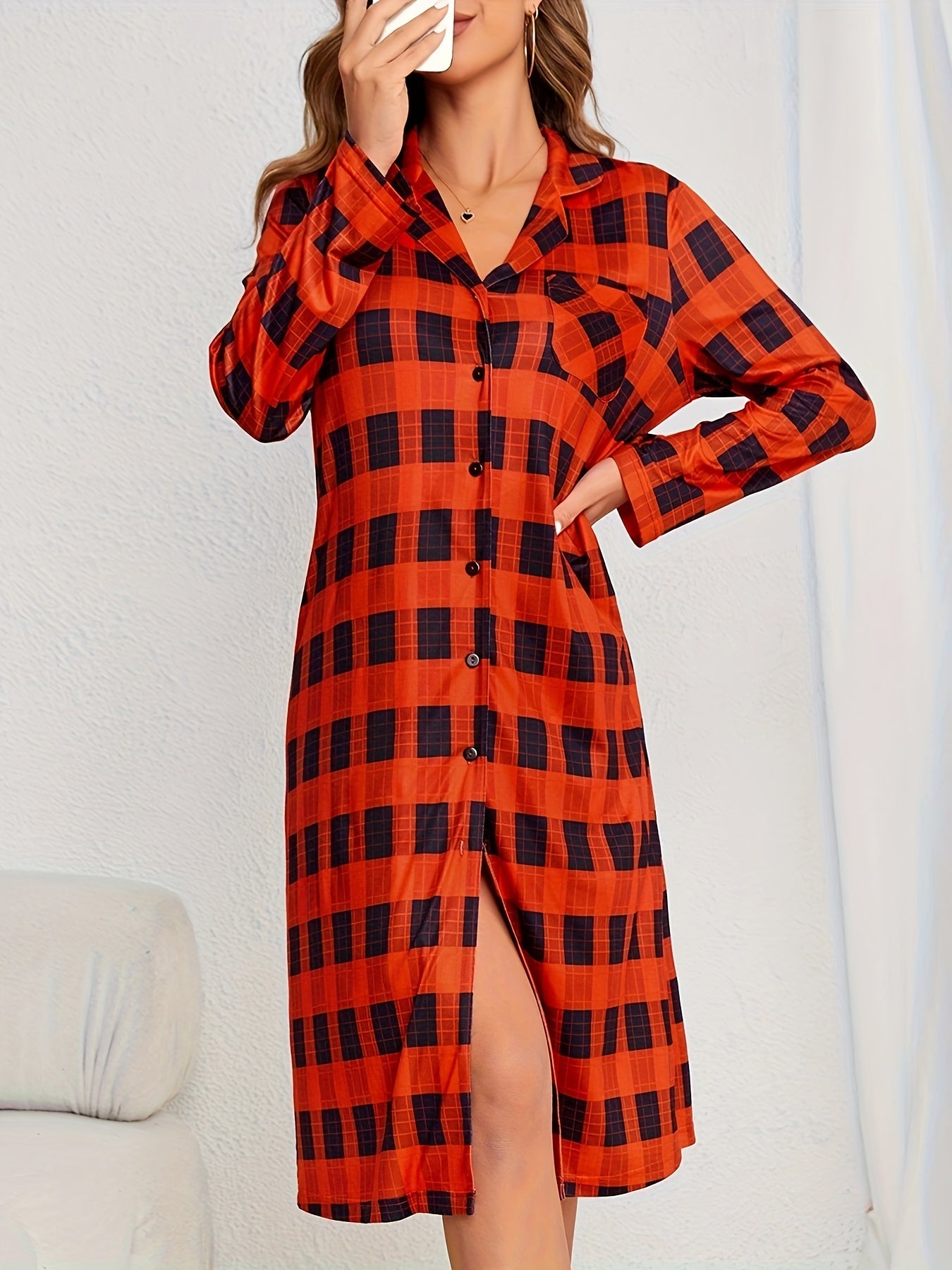 Plaid Print Button Lounge Dress Lapel Pocket Long Sleeve