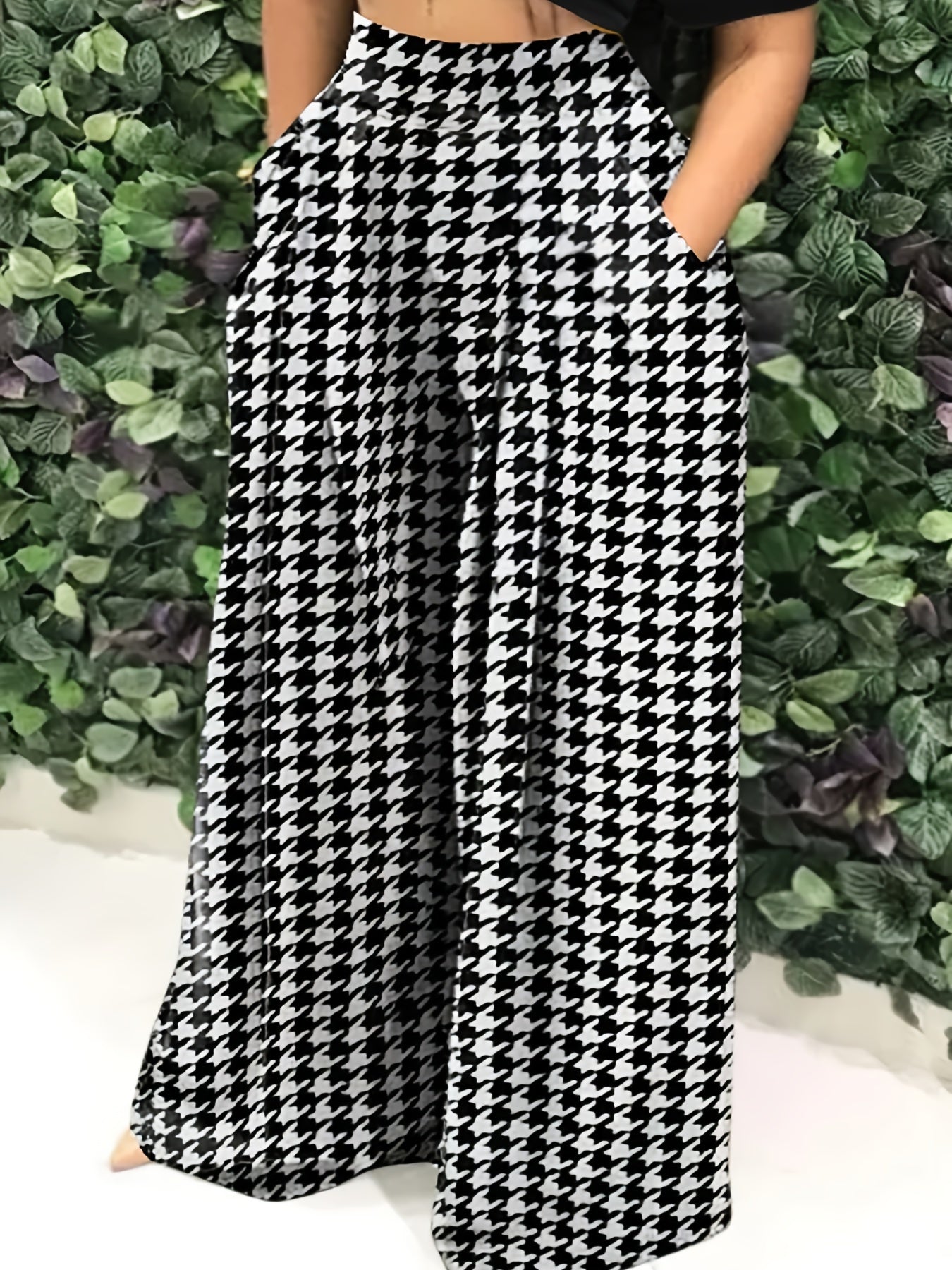 Plus Size Wide Leg Houndstooth Print Pants with Pockets