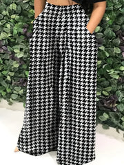 Plus Size Wide Leg Houndstooth Print Pants with Pockets