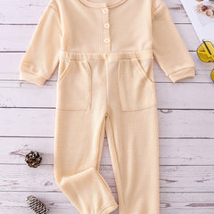 Plaid Print Girls Jumpsuit Long Sleeve Button Crew Neck
