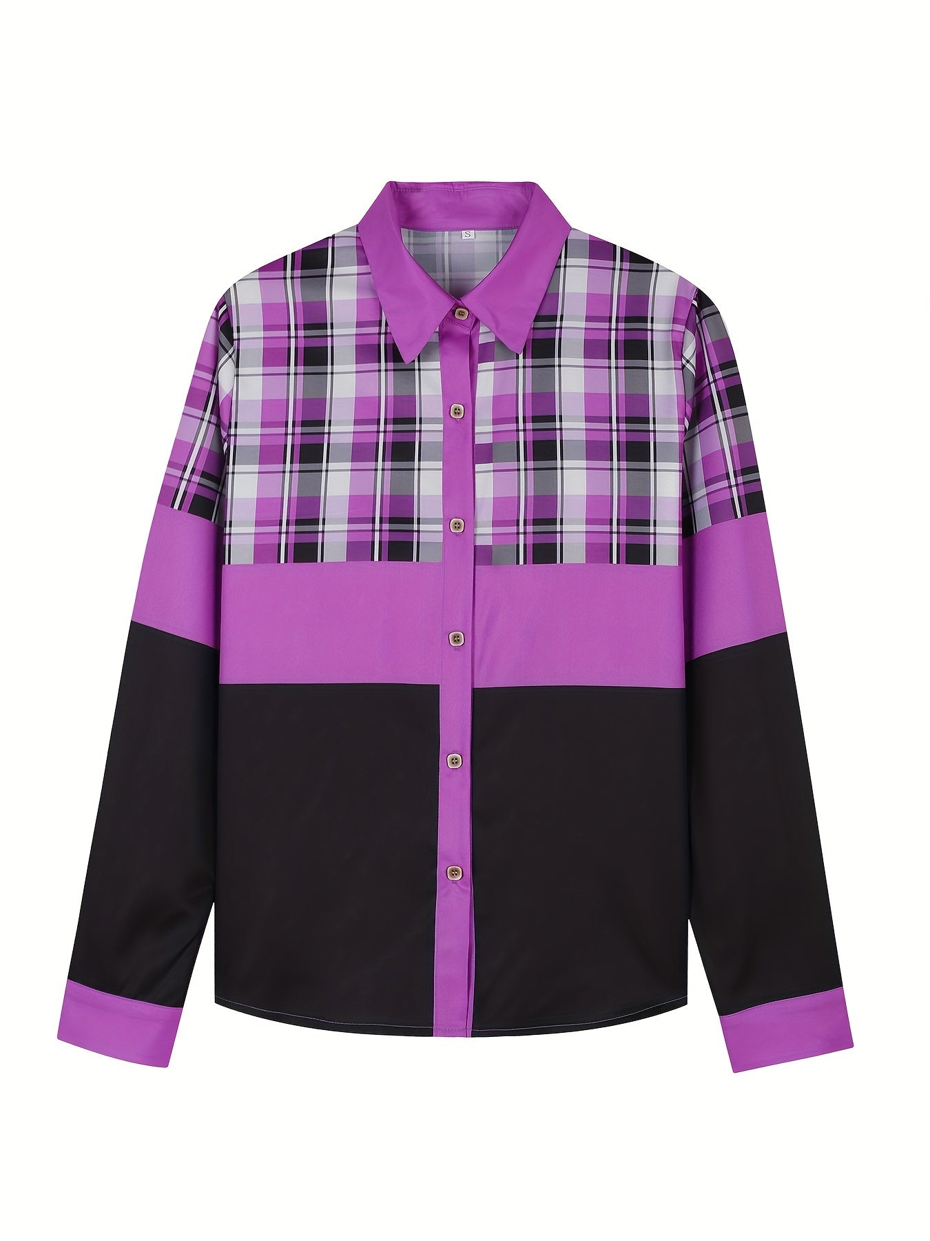  Colorblock Plaid Print Button Up Collar Shirt