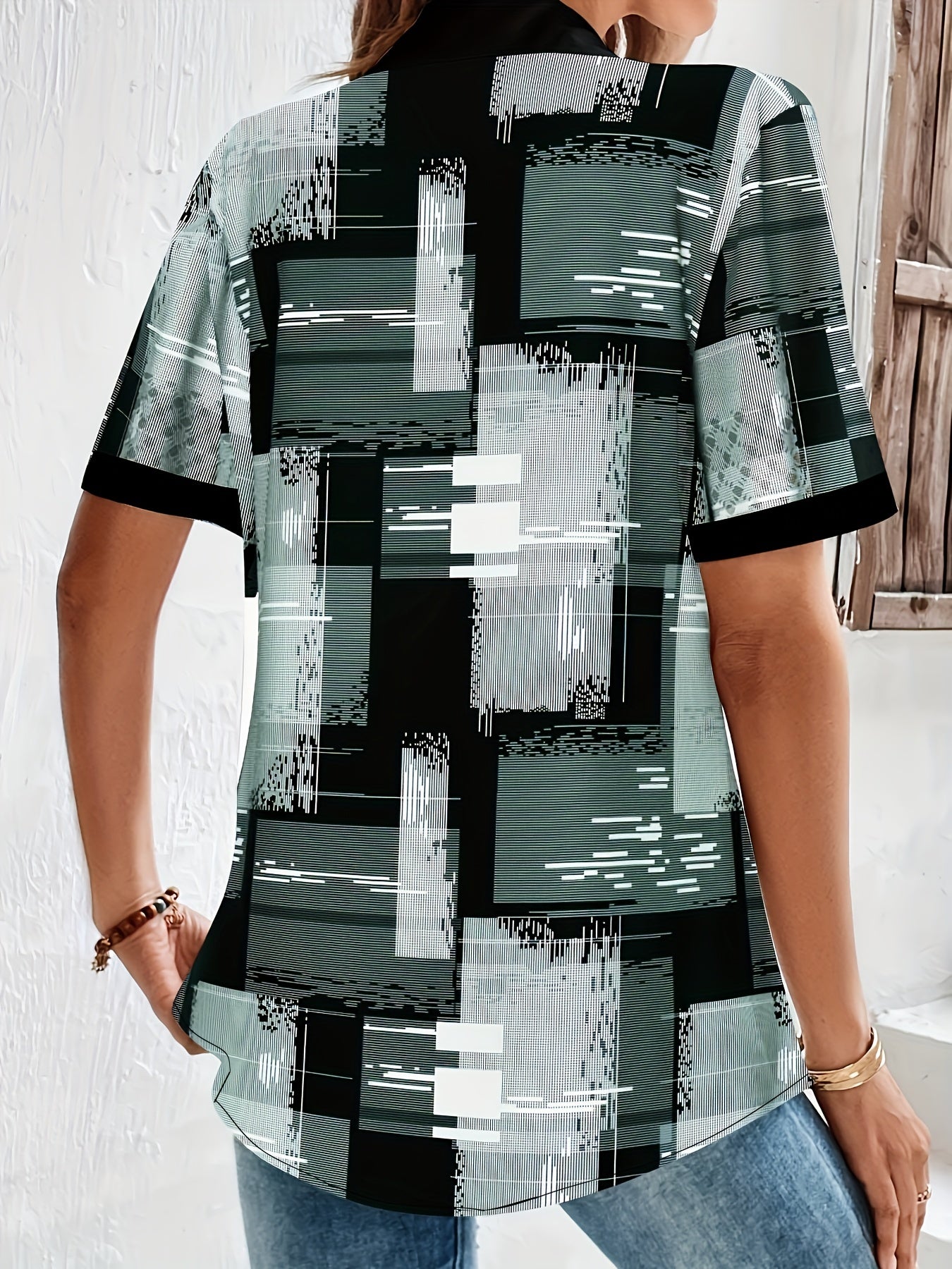  Colorblock Button Up Blouse Short Sleeve