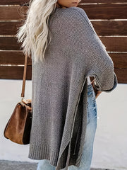  Solid Long Sleeve Open Front Split Sweater Cardigan