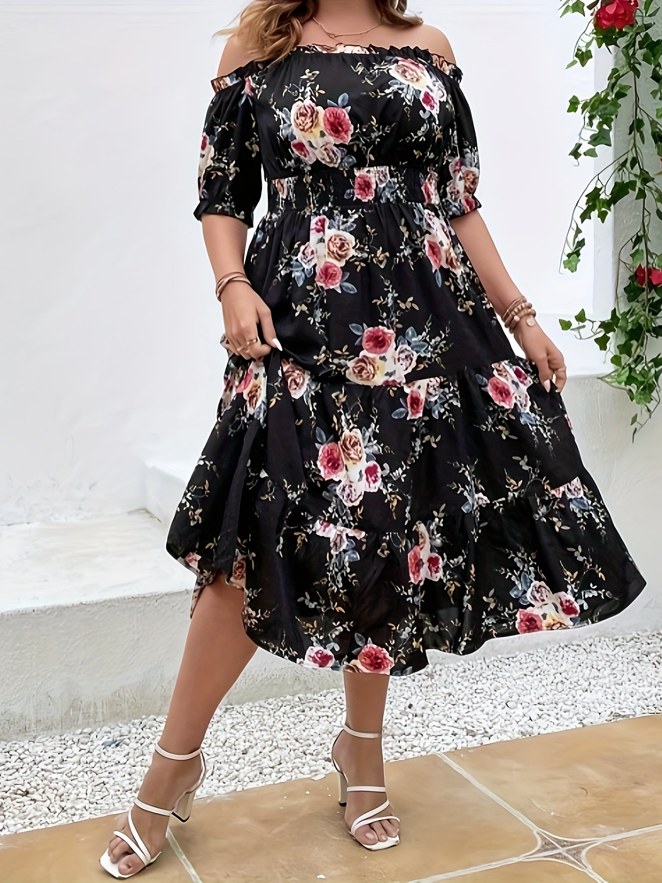  Floral Print Off Shoulder Dress