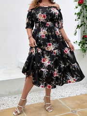  Floral Print Off Shoulder Dress