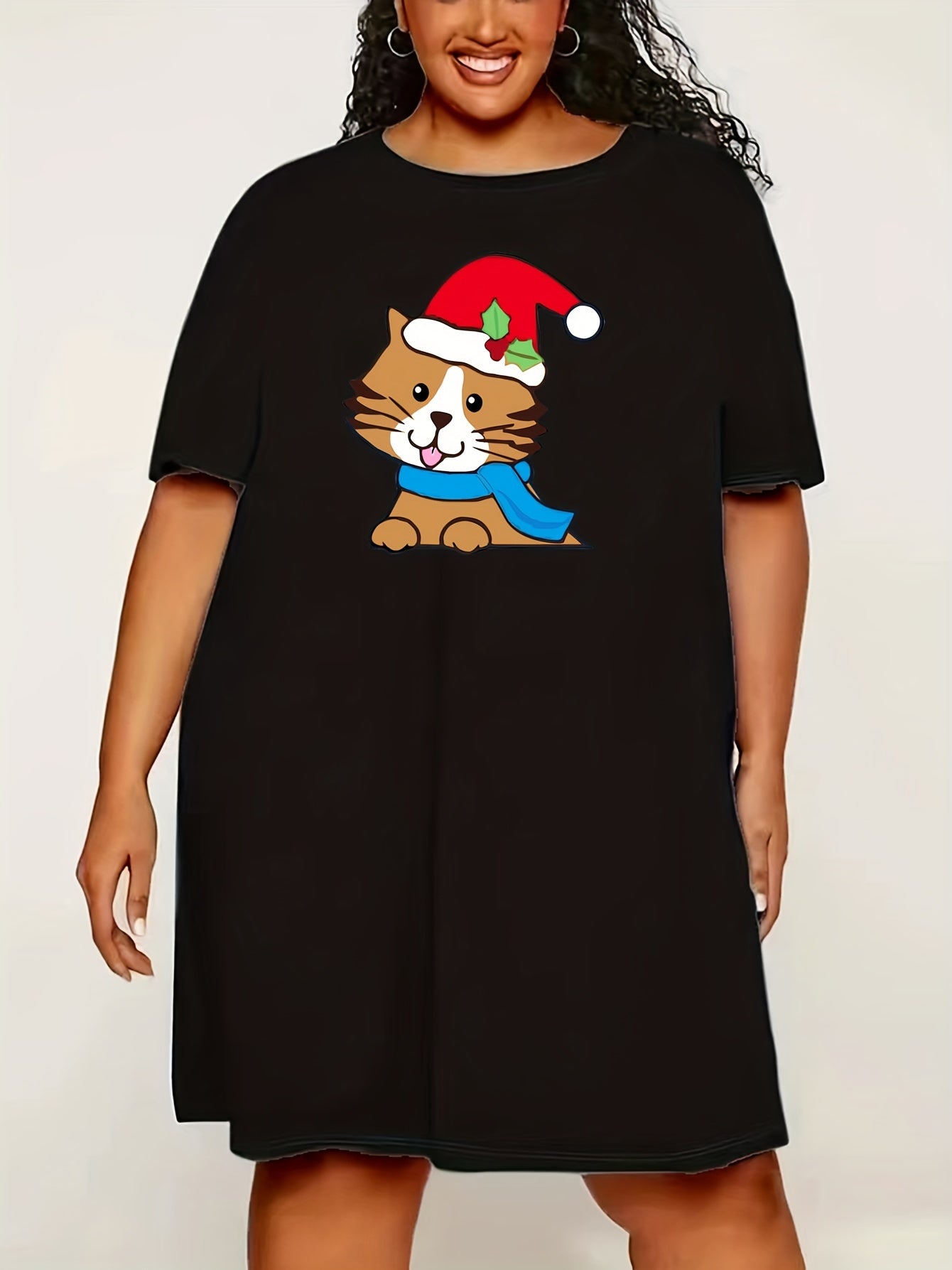  Christmas Cat Print Lounge Dress with Santa Hat