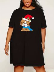  Christmas Cat Print Lounge Dress with Santa Hat