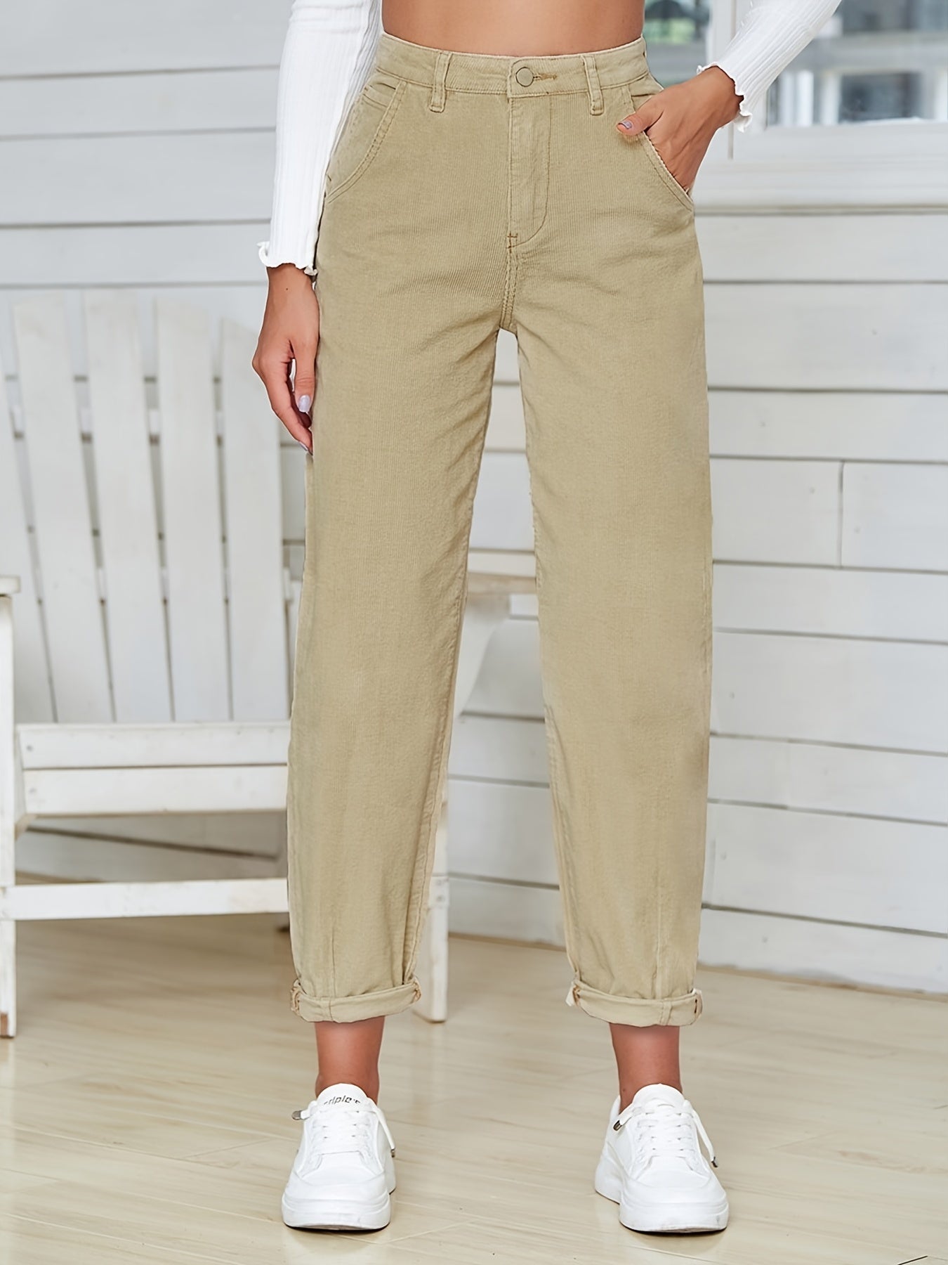 High Waist Mom Jeans Slash Pockets Straight Legs High Rise Denim Pants