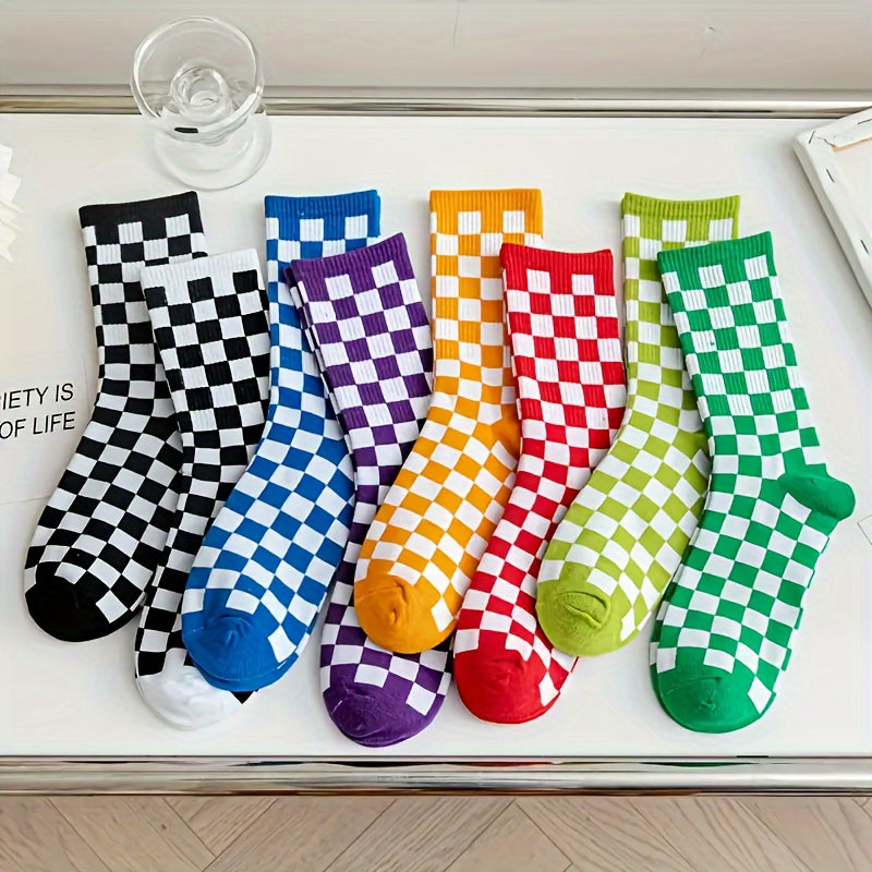 8 Pairs Plaid Crew Socks for Women Comfy & Breathable All Match Stockings