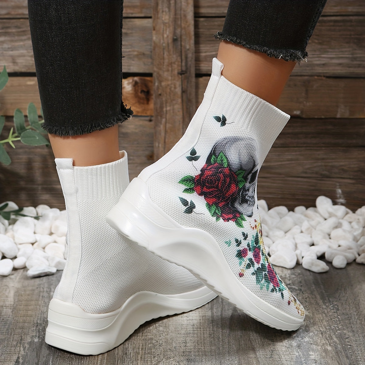 Women's Skull & Rose Print Sock Boots