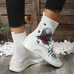Women's Skull & Rose Print Sock Boots