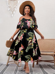  Floral Print Cold Shoulder Ruffle Dress