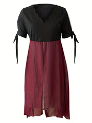 Colorblock Faux Pearl V Neck Maxi Dress