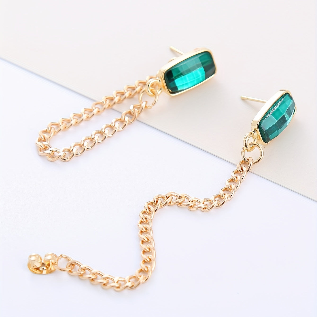 Emerald Glass Chain Stud Earrings Retro Style 18K Plated Jewelry
