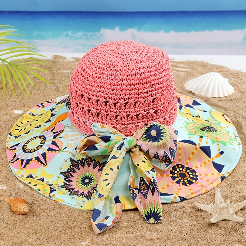 Boho Print Stitching Sun Hat Wide Brim Vintage Crochet Straw Hat