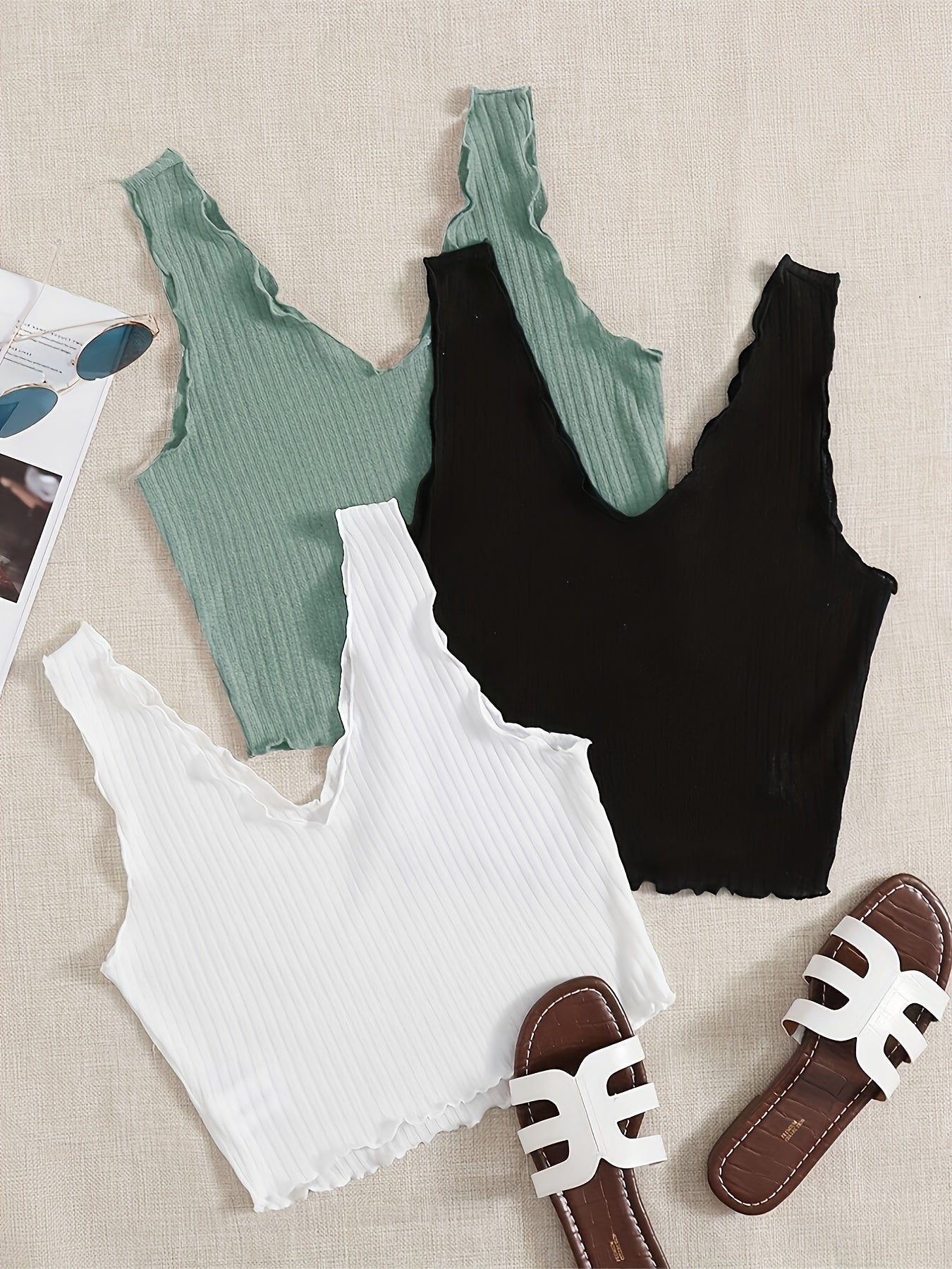 Ruffle Trim Tank Top Set Casual Summer Sleeveless Women's Clothing