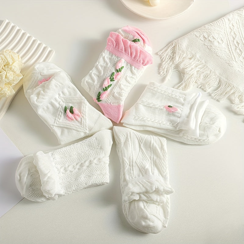5 Pairs Floral Print Ruffle Socks Women's Mid Tube Stockings