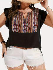  Colorblock Geometric Print Butterfly Sleeve Blouse