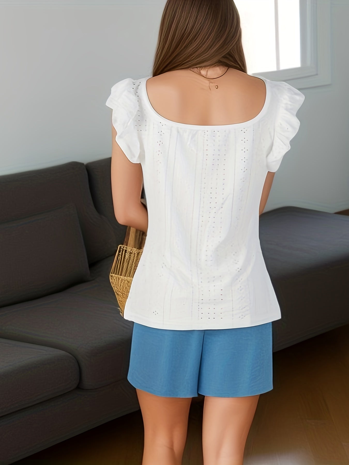 Eyelet Embroidered Square Neck Tank Top Casual Ruffles Trim