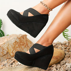 Women's Wedge Heels Round Toe Elastic Cross Strap Slip On High Heels