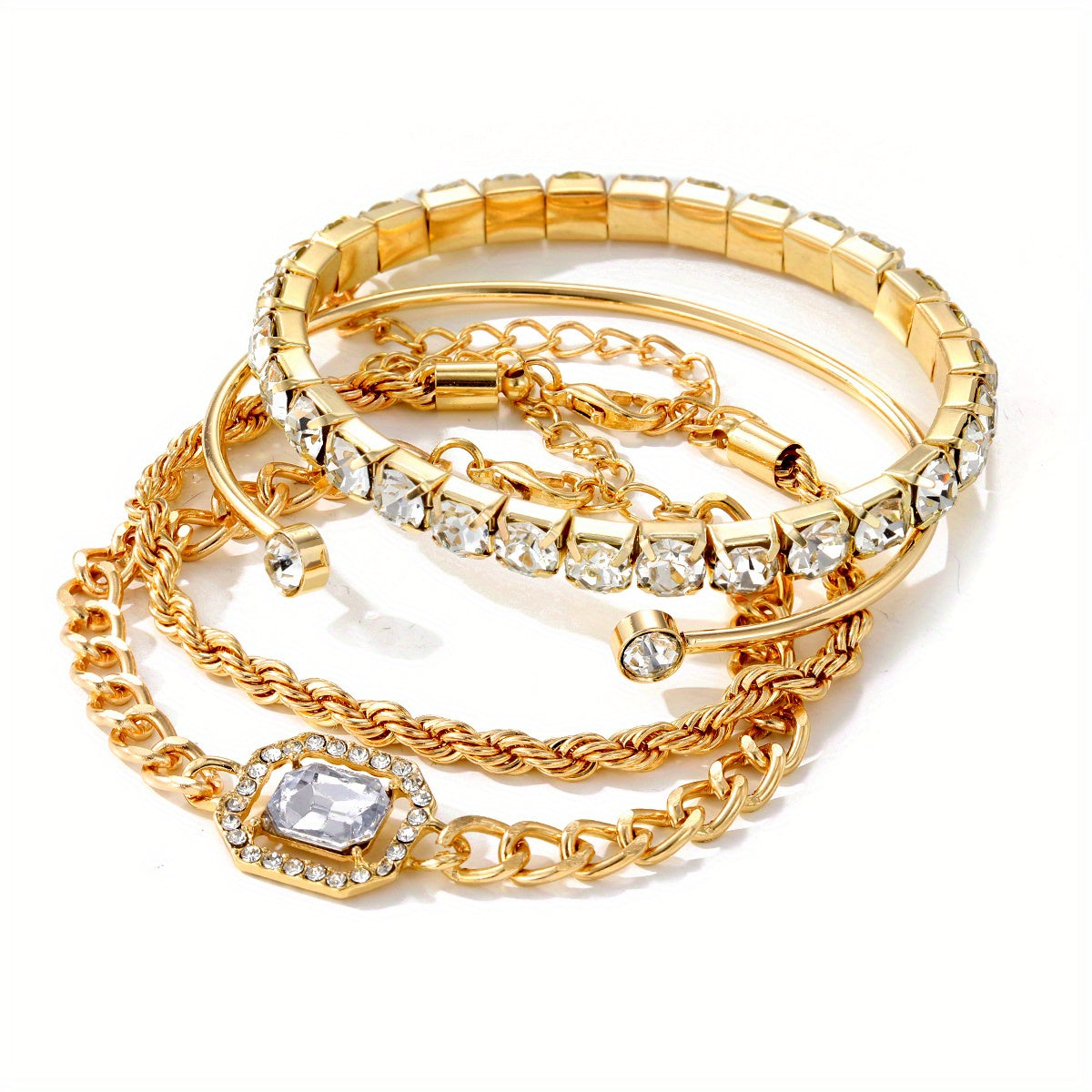 4pcs Chain Square Rhinestone Bracelet Set for Women Girls