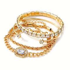 4pcs Chain Square Rhinestone Bracelet Set for Women Girls