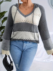  Colorblock Long Sleeve V Neck Hooded Drawstring Sweater