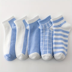 5 Pairs Soft & Lightweight Plaid & Striped Ankle Socks Women's Stockings