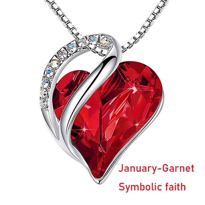 12 Months Birthstone Love Heart Pendant Necklace Jewelry Gift For Women