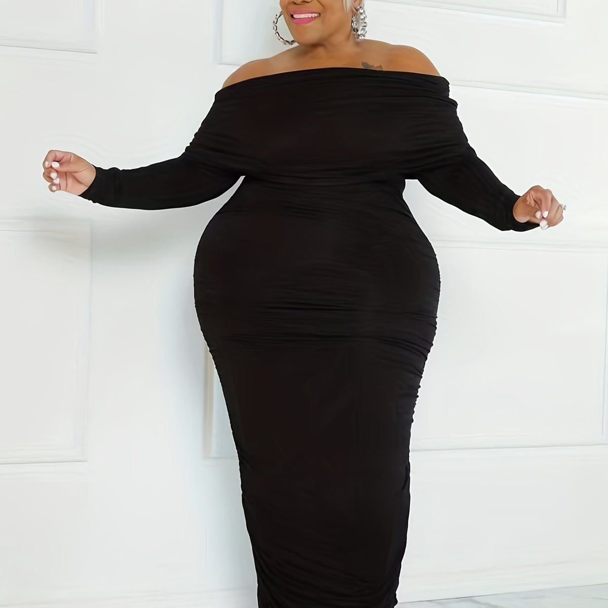  Off Shoulder Long Sleeve Maxi Dress