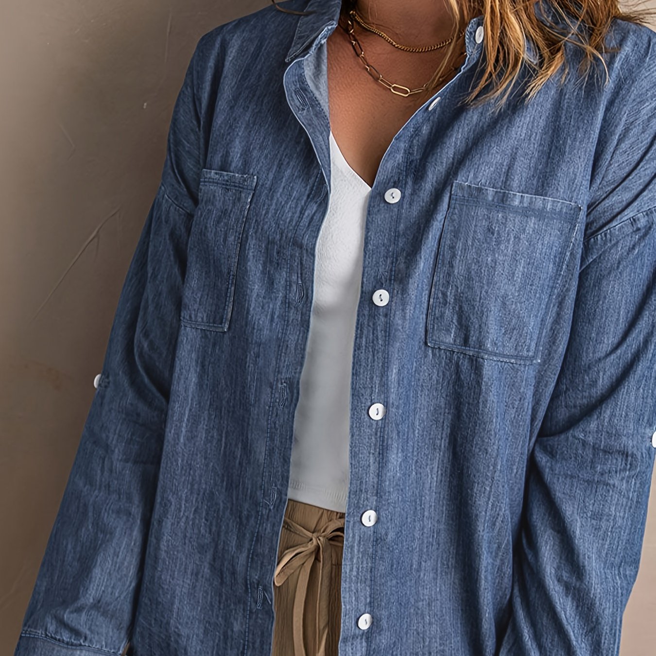  Casual Denim Top Women's Plus Button Up Long Sleeve
