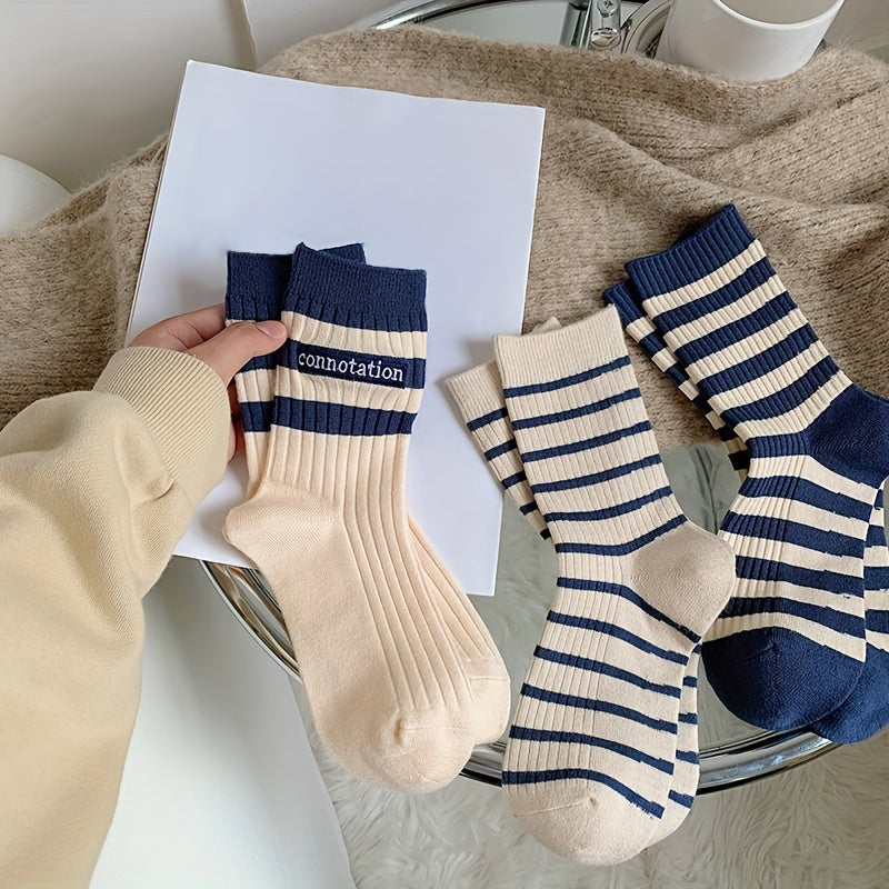 6 Pairs Striped Print Mid Tube Socks Women's Stockings