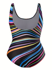  Round Neck Stripe Print One Piece Swimsuit