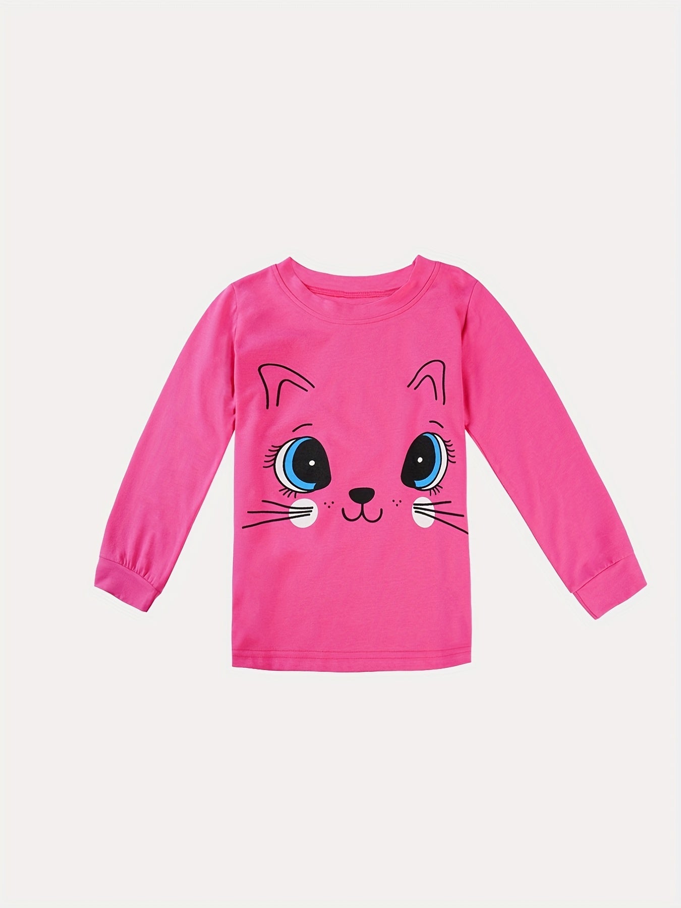 Girls Cat Print Pajama Set Long Sleeve Round Neck Pullover Comfy Homewear