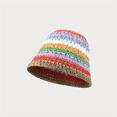 Rainbow Striped Crochet Beanie Elastic Straw Cloche Hats