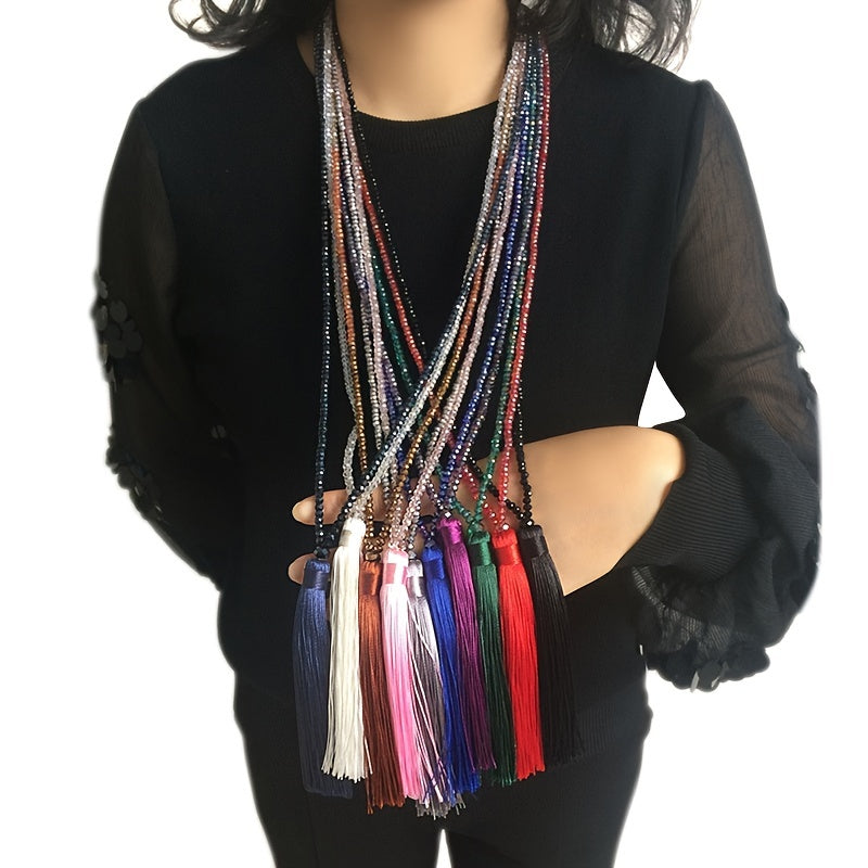 Multicolor Crystal Beaded Necklace Tassel Pendant Long Sweater Chain