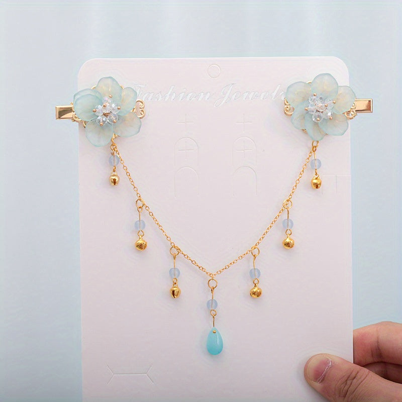 Chinese Style Flower Hair Clip with Tassel Chain - Headdress Jewelry
