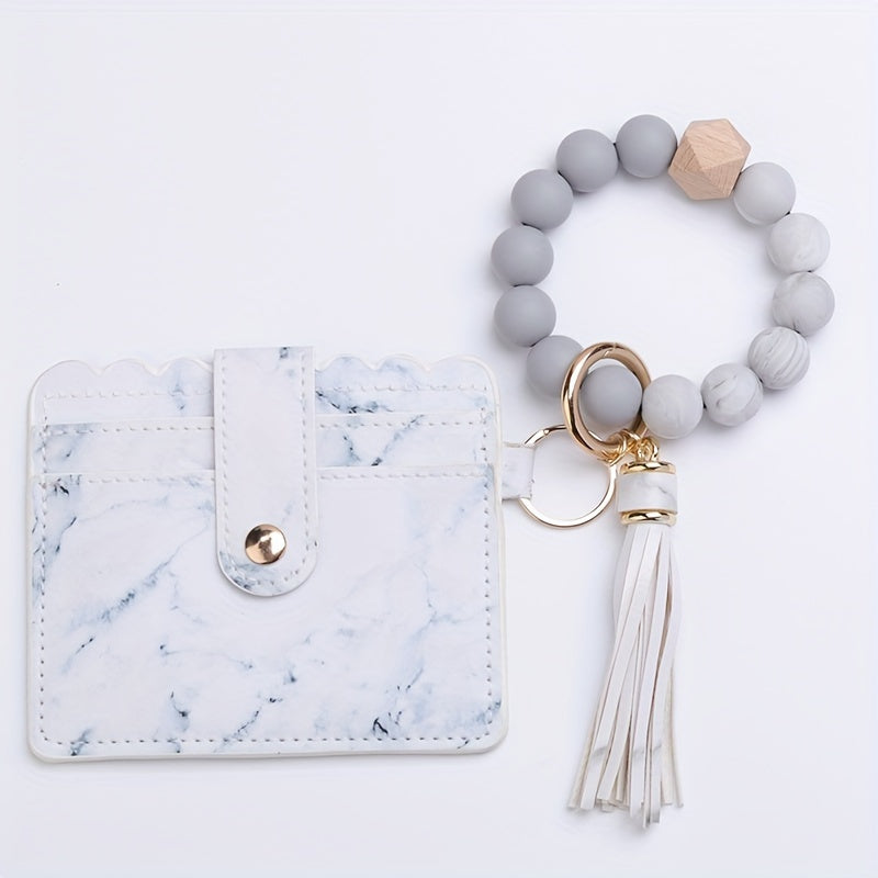 Leopard Print Tassel Wallet Keychain Silicone Beaded Bracelet