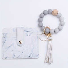 Leopard Print Tassel Wallet Keychain Silicone Beaded Bracelet