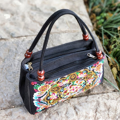 Floral Embroidered Handbag Zipper Canvas Bag Women's Purses