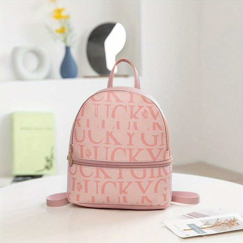 Mini Letter Print Backpack Women's Faux Leather Daypack School Bag