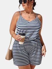  Casual Romper Women's Plus Stripe V Neck Nipped Waist