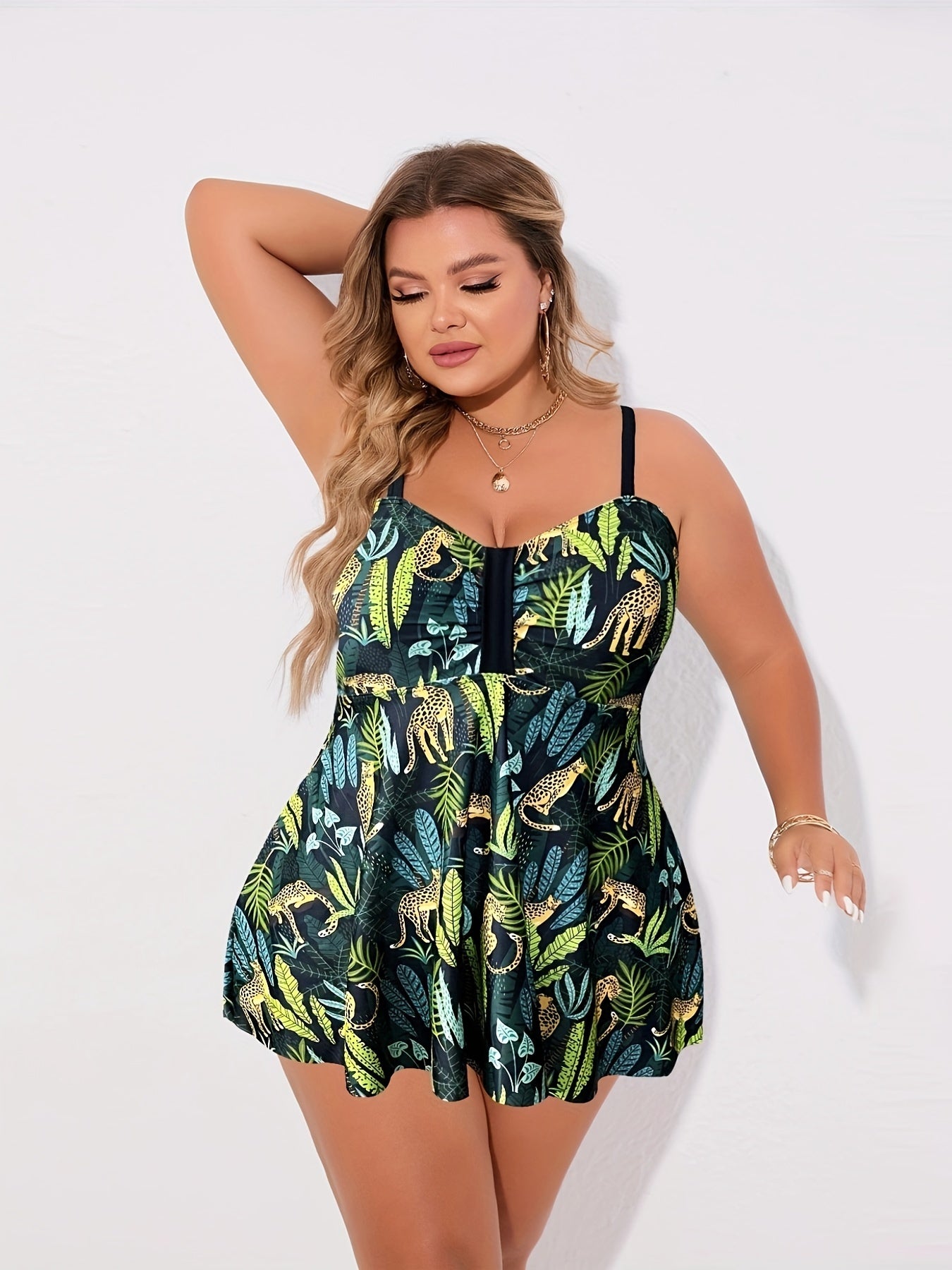  Leopard Print Tankini Set V Neck Ruched Cami Top & Panty Swimsuit
