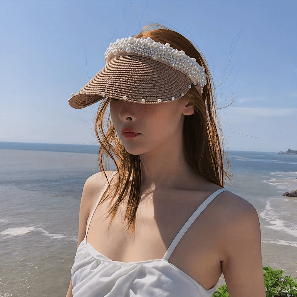 Straw Ponytail Sun Hat with Faux Pearl Decor