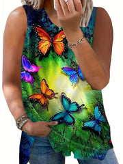  Butterfly Print Tank Top Round Neck Medium Stretch